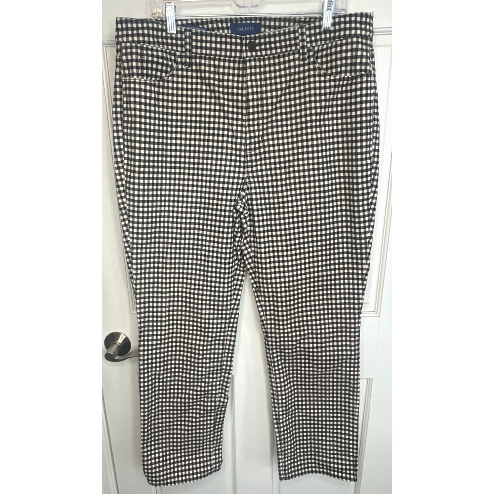 Talbots Women's High-Waist Straight-Leg Corduroy Pants Sz 16P Blk & Cream Plaid